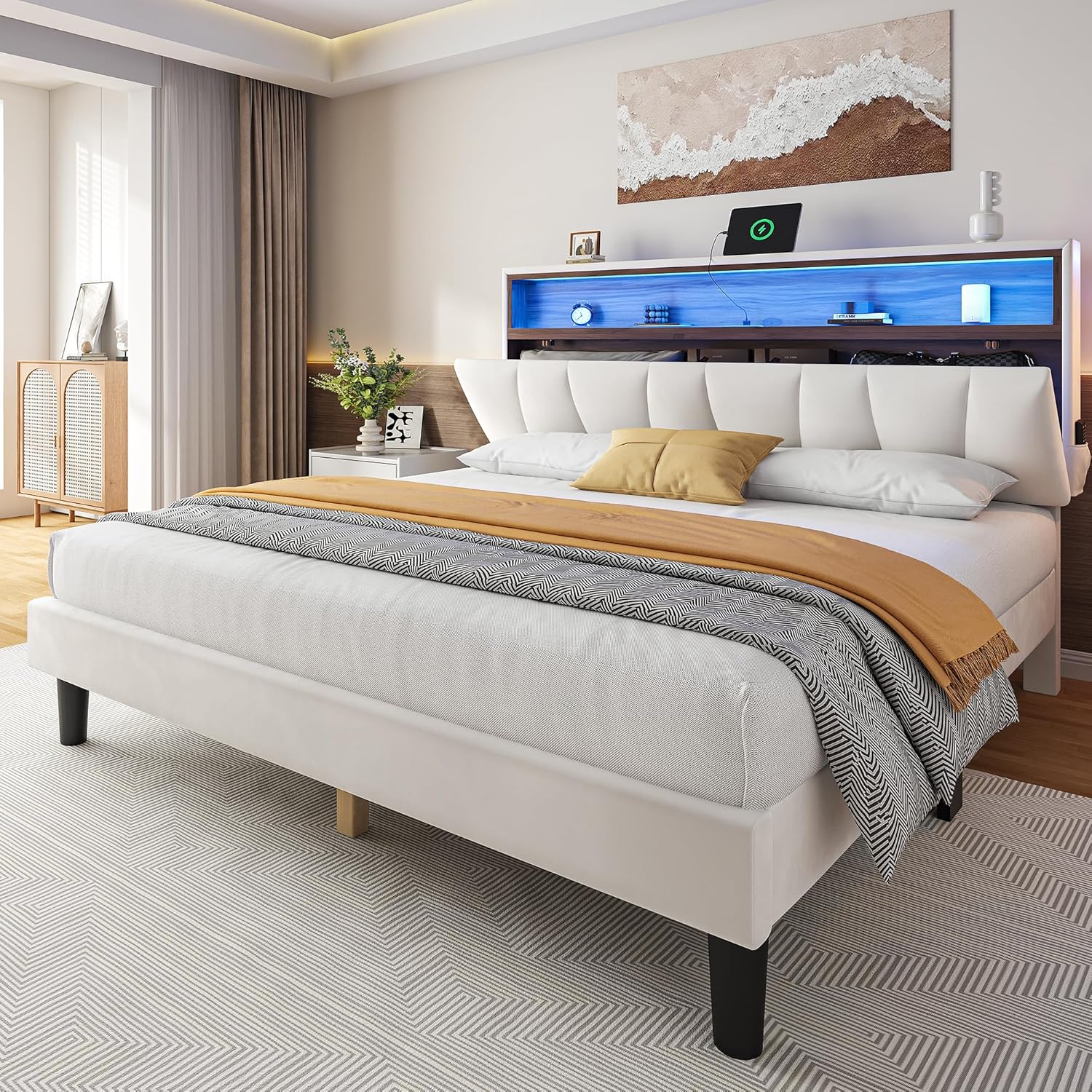 DWVO Full Size Bed Frame with Storage, LED Bed Frame with Upholstered Velvet Headboard, Platform Bed with Outlet & USB Ports, No Box Spring Needed, Easy Assembly (Beige) Velvet Bed with Storage Headboard Beige Full