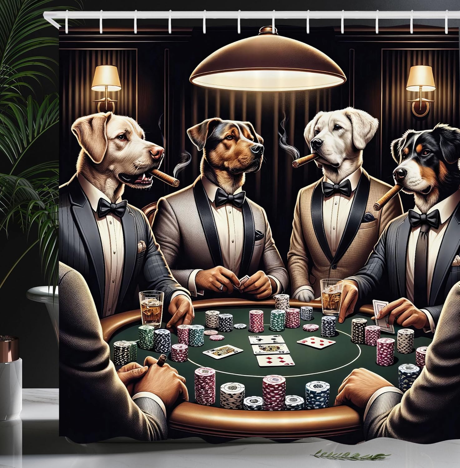 Ambesonne Dog Shower Curtain, Funny Gentleman Animals in Sharp Suits Around The Poker Table Humorous Scene, Cloth Fabric Bathroom Decor Set with Hooks, 69" W x 70" L, Brown Dark Green Grey