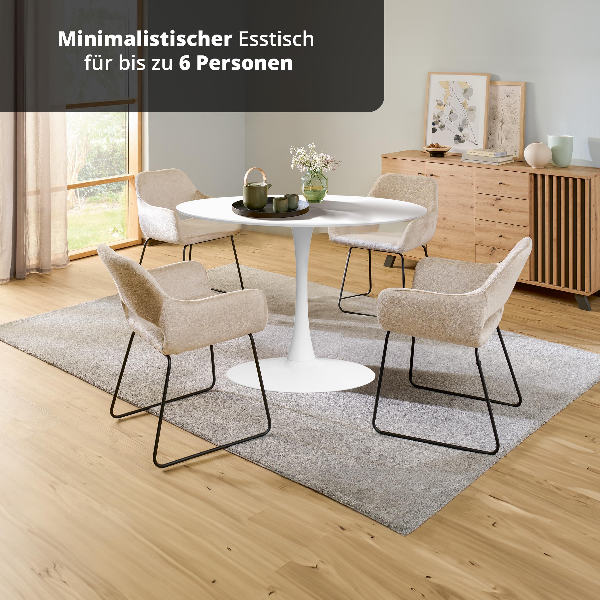 KHG Esstisch, Küchentisch Rund 110 cm Durchmesser, Weiß lackiert, für 6 Personen, 75 cm Höhe, Tisch für Wohnzimmer, Küche, Büro, minimalistisches Design