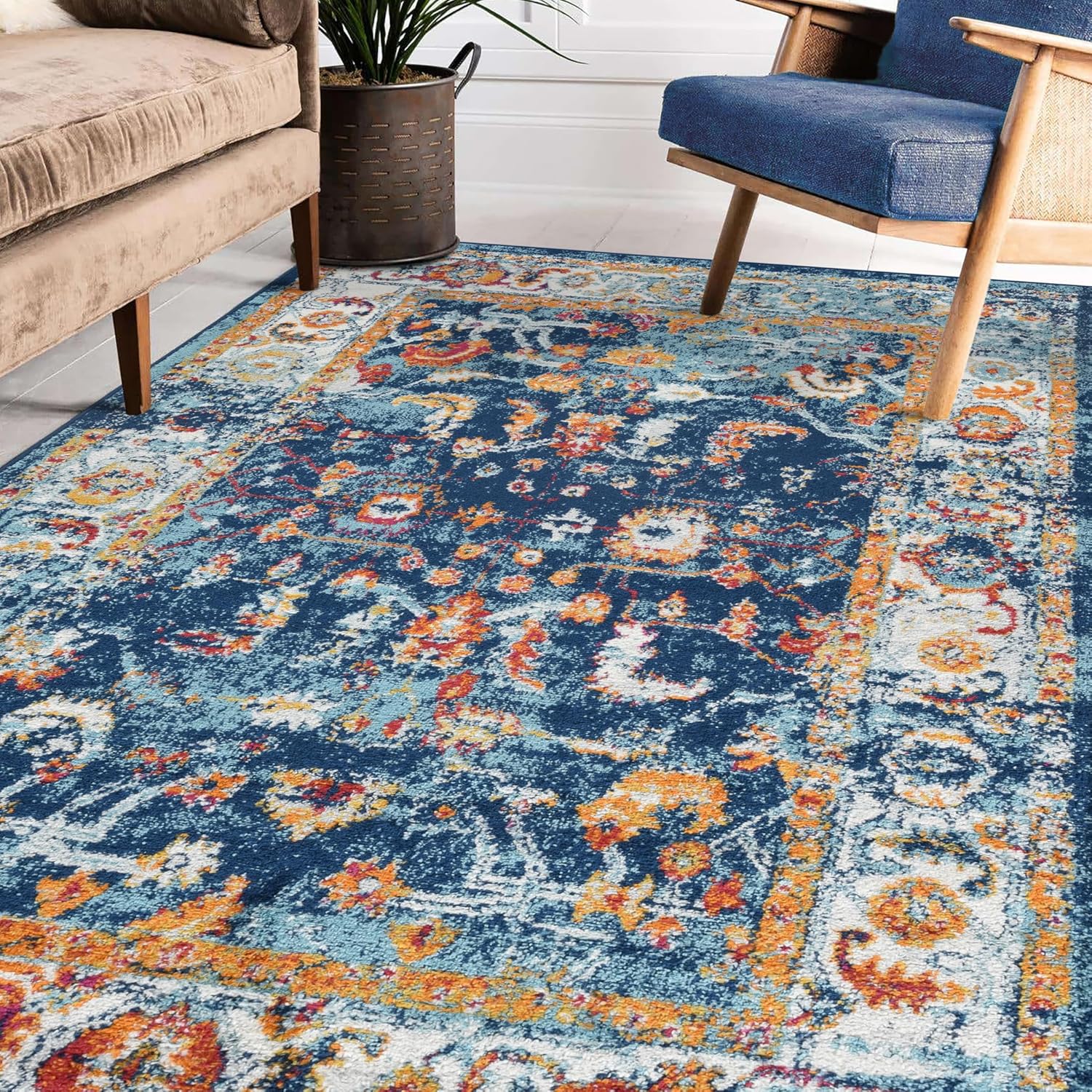 AMER Rugs – Alexandria Collection – 2×3 ft – Boho Vintage Area Rug – Bordered, High-Traffic, Pet-Friendly, Stain Resistance – Navy Multi