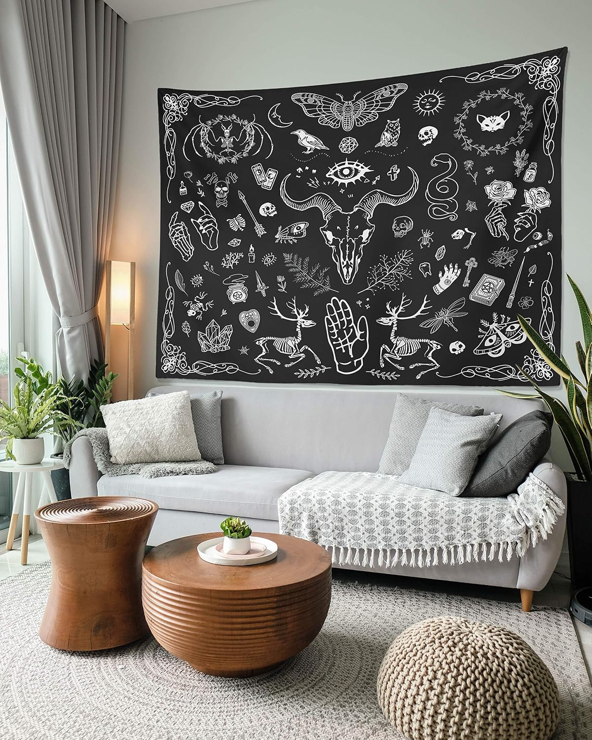 Gothic Witchy Tapestry Witchcraft Magic Moon Skulls Spells Witch Kit Black and White Wall Hanging Goth Wall Decor Witch Tapestry (Black, 51"x59")