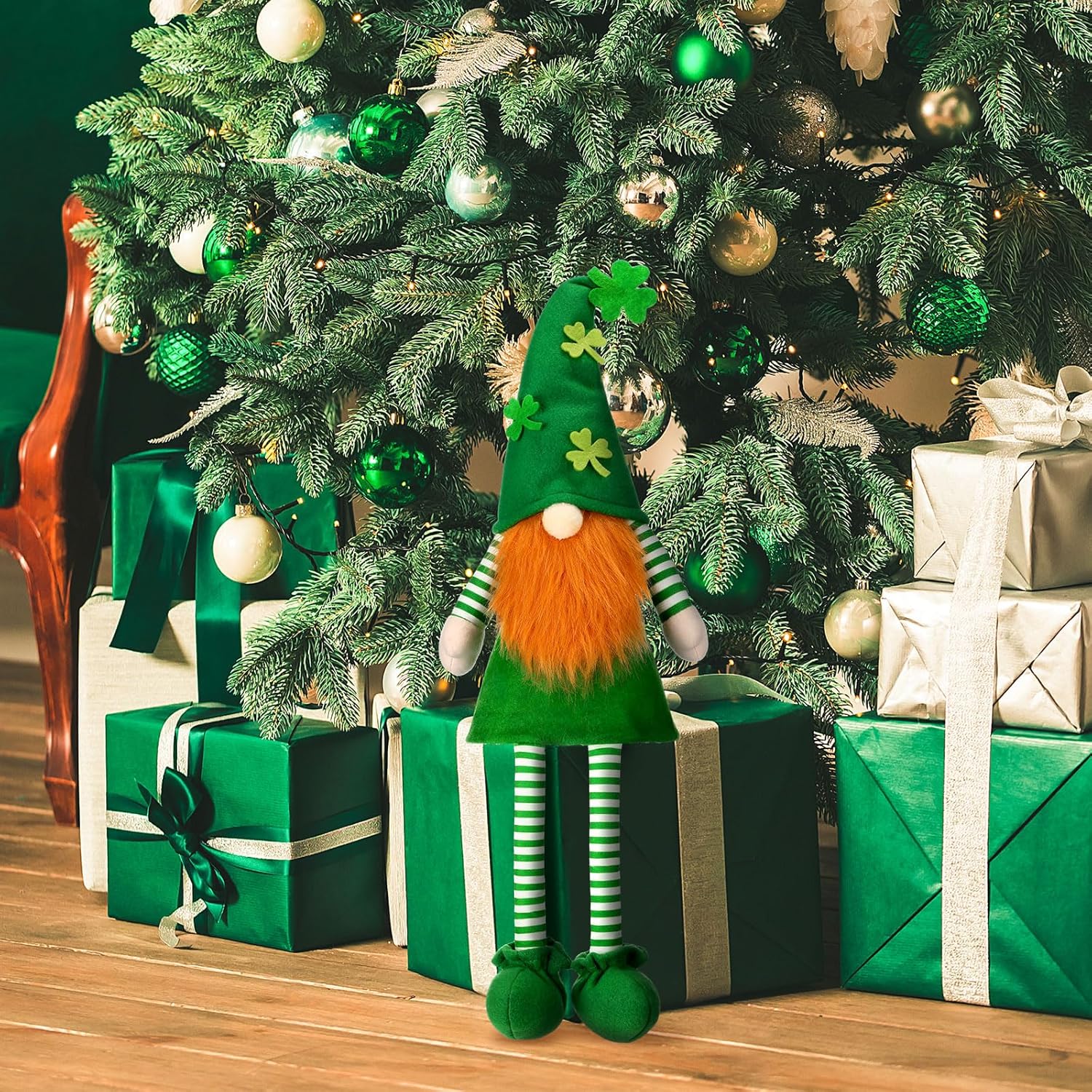 Soulchen 21 Inch Extra Large St. Patricks Day Tree Topper Leprechaun Gnome Tree Topper with Long Dangling Legs Oversized Irish Green Shamrock Sitting Treetop Decoration for Holiday Party Decor - Image 5