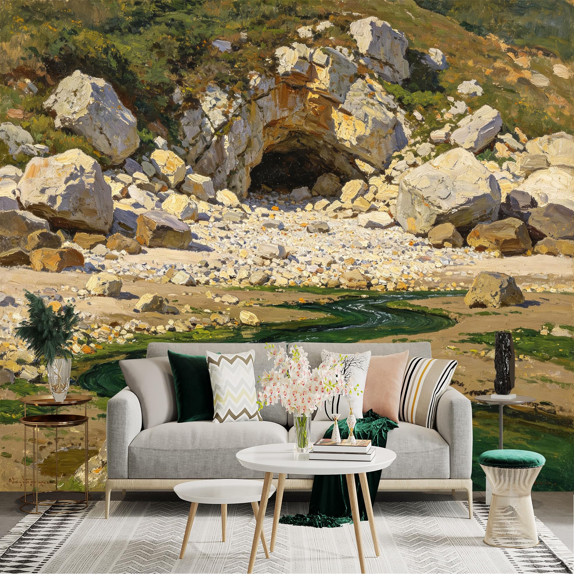 Lnzczhyre Dbh260521650 Custom Size Wall Sticker Mural， Rocky Coastal Cave， Serene Green Stream， Coastal Landscape， Nature Oil Painting， For Wall Decoration， Peelandstick Wall Decals.