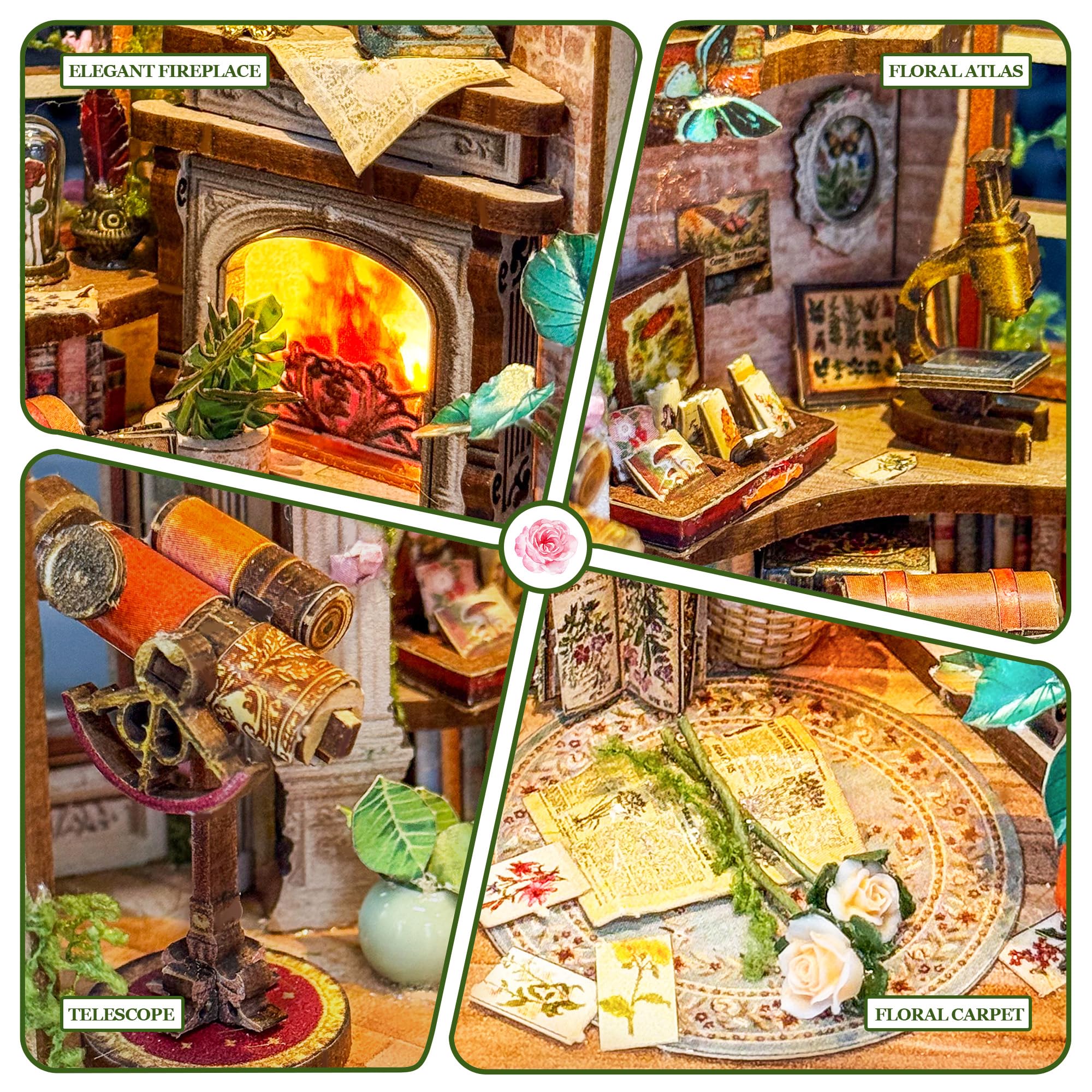 Dreamland Floral Studio - Rincón de libros de bricolaje, kit de casa gótica en miniatura con luces LED, juego de construcción de sujetalibros decorativo para decoración de estanterías, regalo único de