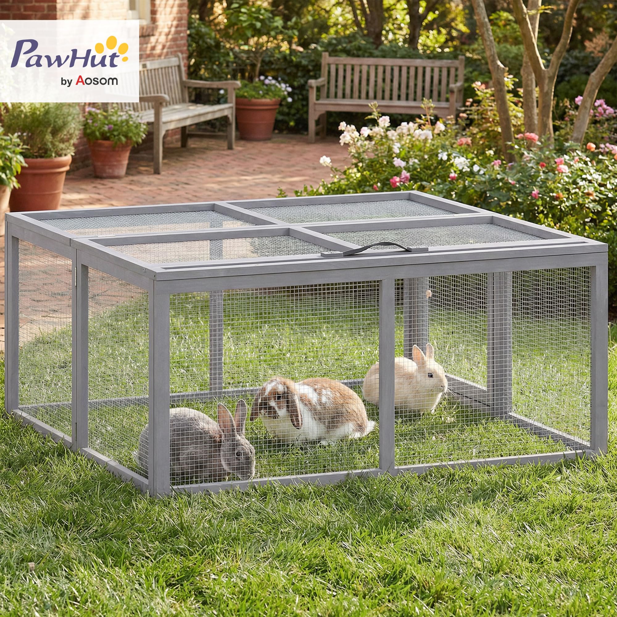 PawHut Hutch Outdoor, caseta Plegable para cobayas, Corral portátil para Conejos, Jaula para Pollos, gallinero con Techo abatible, para 3 Conejos, Patos o Pollos, 110 x 105 x 50 cm. | Jaula de madera para conejos, espacio de juego para exteriores