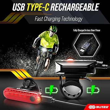 BLITZU Ultra Bright Type-C USB-C Rechargeable Bike Light Set, Bicycle Front Headlight and Back Taillight, Bicycle Accessories for Night Riding, Easy to Install for Men Women Kids Road Mountain Cycling