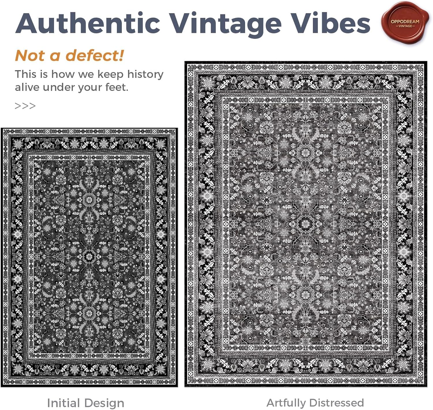 OPPODREAM Thin Vintage Black Area Rugs 5x7, 5 x 7 Retro Washable Rug Non Slip, Low-Pile Faux Wool Carpet, Distressed Floor Mat for Living Room, Bedroom, Kitchen, Office, Dorm, Dinning Room - Image 3