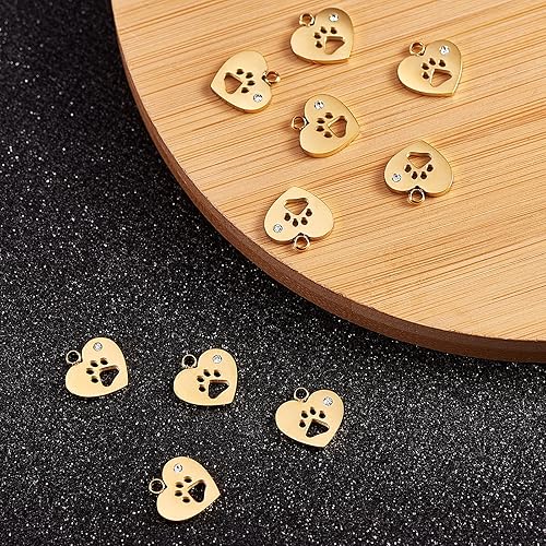 Miniatura 6 de Airssory 10 piezas de corazón de acero inoxidable chapado en oro con perro gato cachorro huella huella huella impresa mascota encantos con cristal
