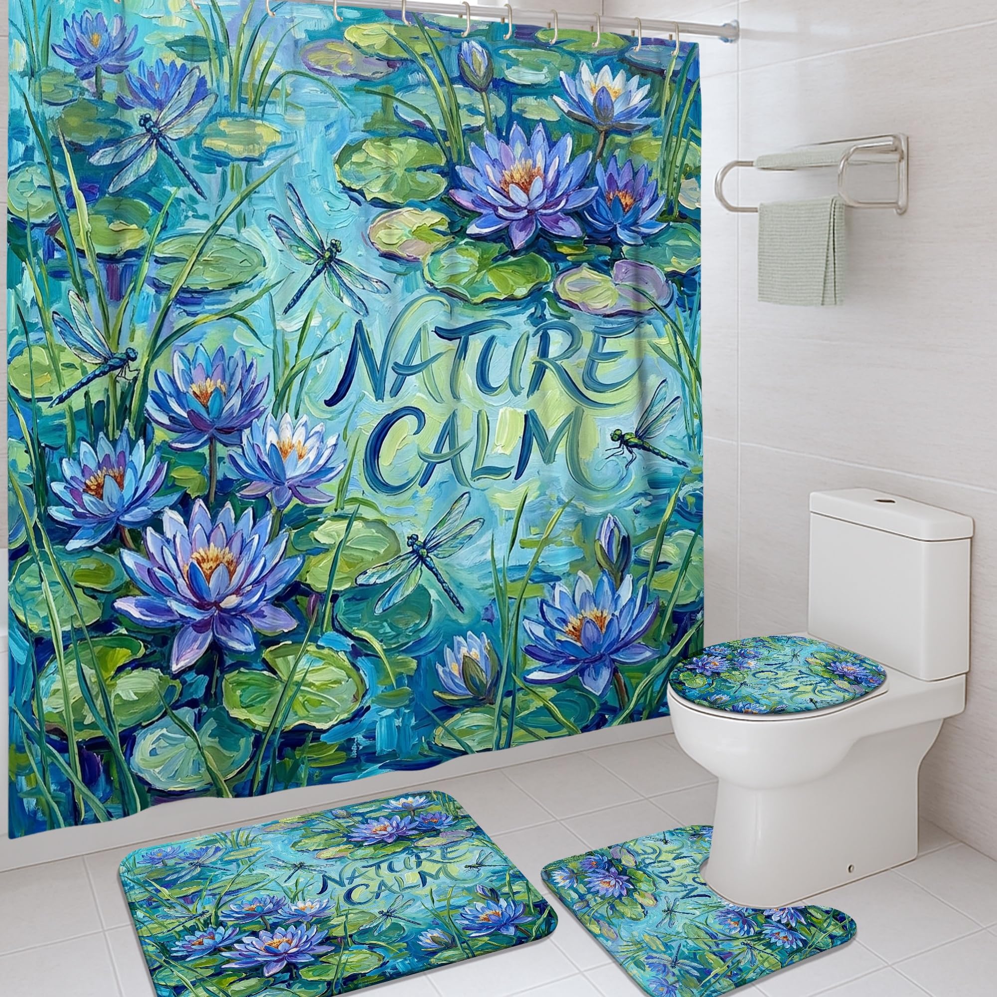 Rideau de douche en tissu imperméable bleu motif nénuphar 183 cm avec tapis