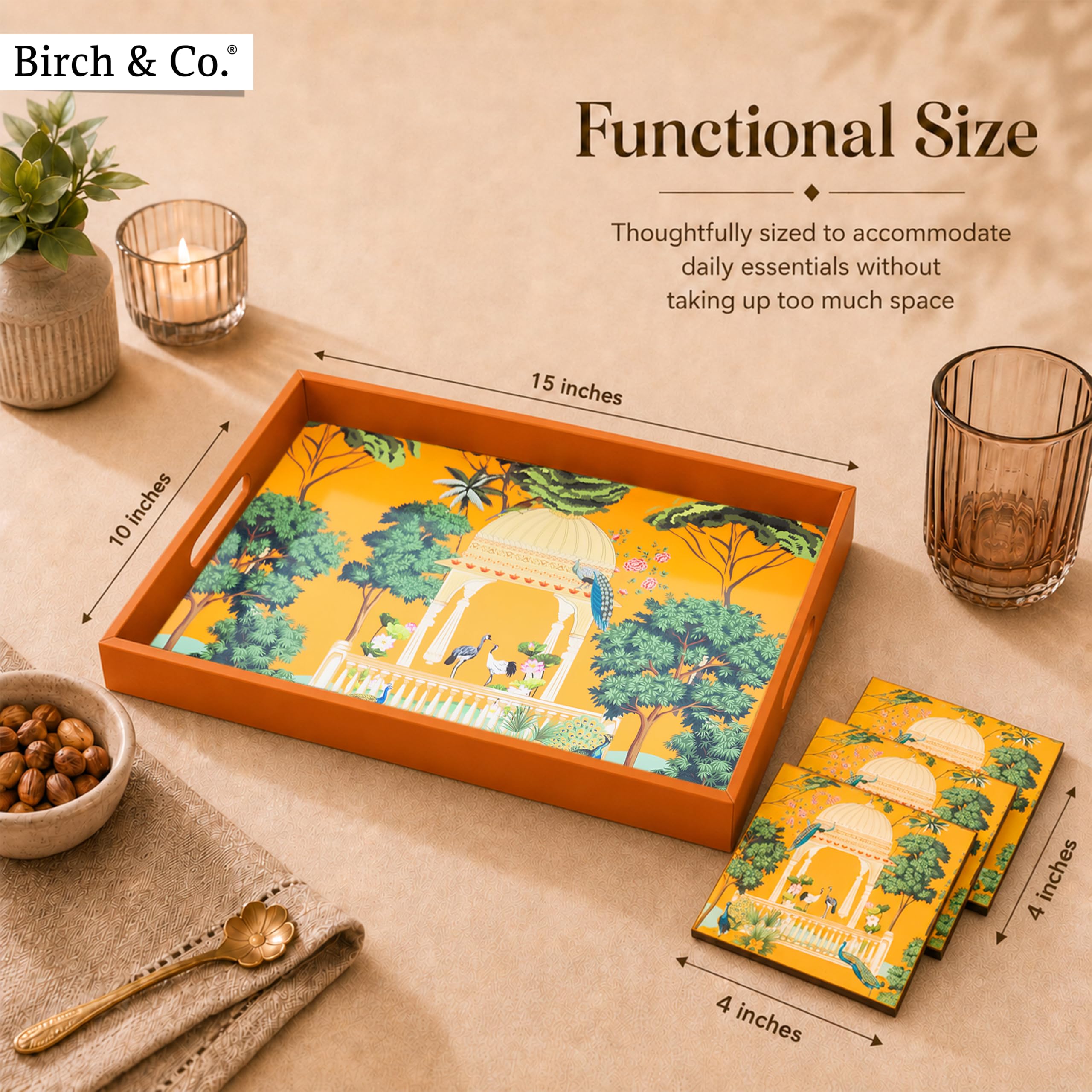 Birch & Co. Bandeja de madera para servir sin 4 posavasos, 10 x 15 pulgadas, bandeja para servir, juego de bandejas para decoración, bandejas de té, bandeja de café grande, bandejas de madera MDF de