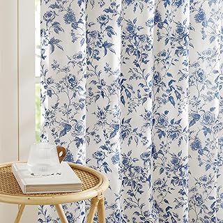 NICETOWN Blue Floral Curtains for Bedroom & Living Room, Linen Blend Dra...