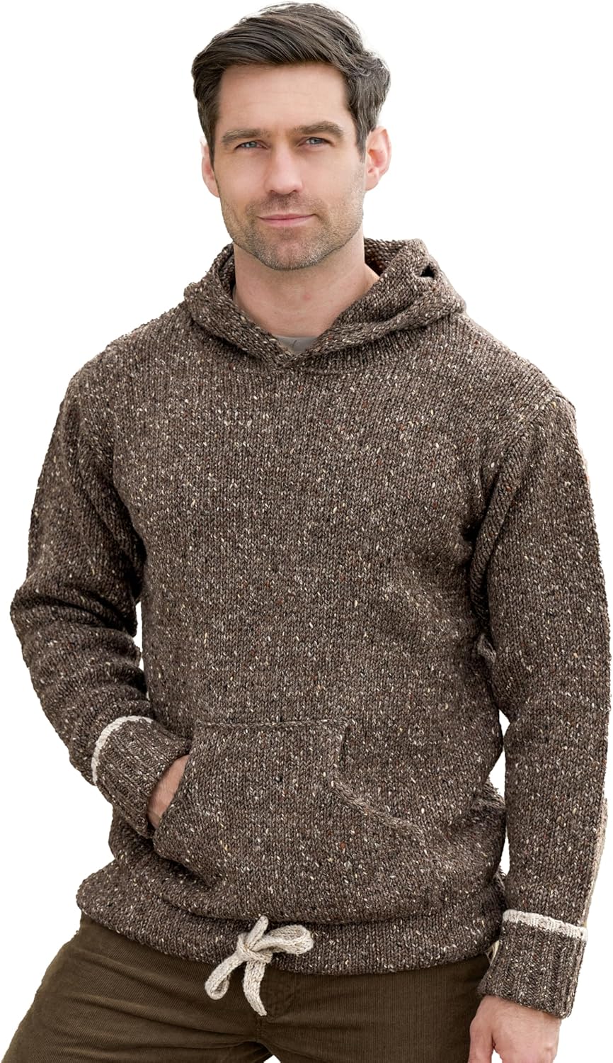 Aran Crafts Irish Mens Kangaroo Pocket Sweater, 100% Donegal Wool (K3084)