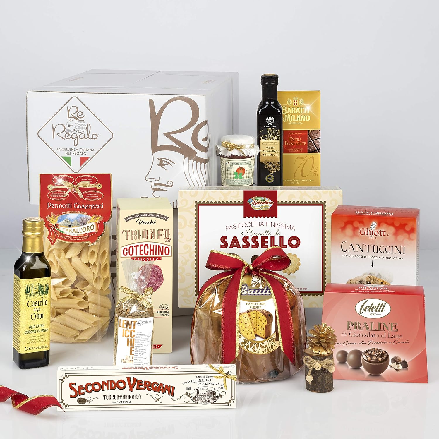 RE REGALO KIT DEGUSTAZIONE NATALE Cesto 12 pezzi Panettone, Cioccolato, Cantuccini, Torrone morbido, Sugo al Basilico, Lenticchie, Pasta, Aceto, Olio EVO, Cotechino e altri prodotti di Alta Qualità