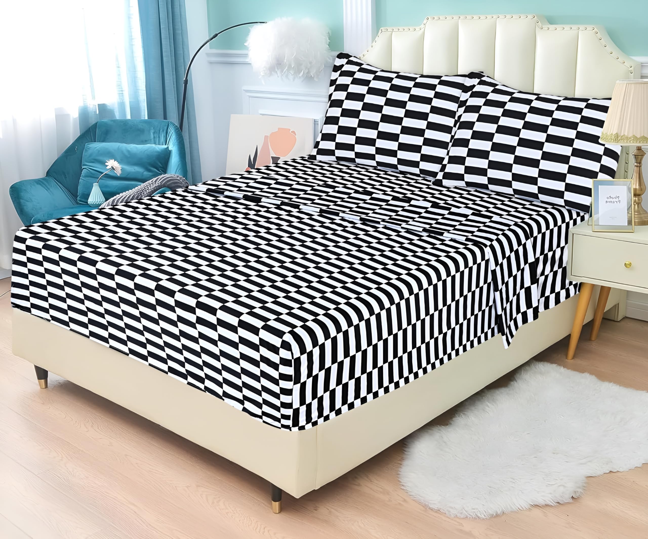 Monochrome Majesty Queen Bedsheet Ensemble, Luxe Microfiber Comfort,Timeless Black and White Design Lightweight & Breathable