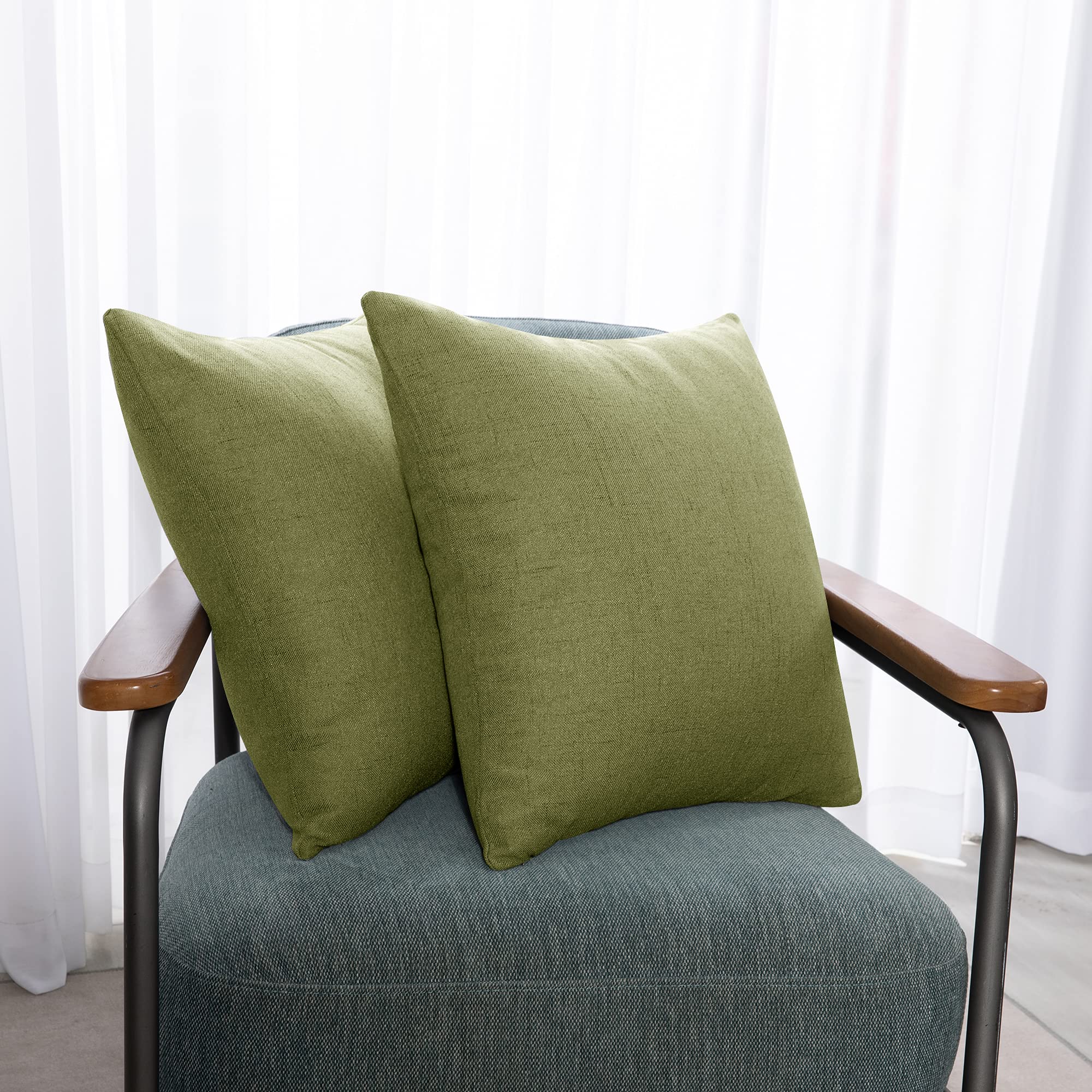 Deconovo Cushion Covers, Home Decorative Square Faux Linen Throw Pillow Cases for Bedroom with Invisible Zipper, 22x22 Inch, set of 2, Spinach Green