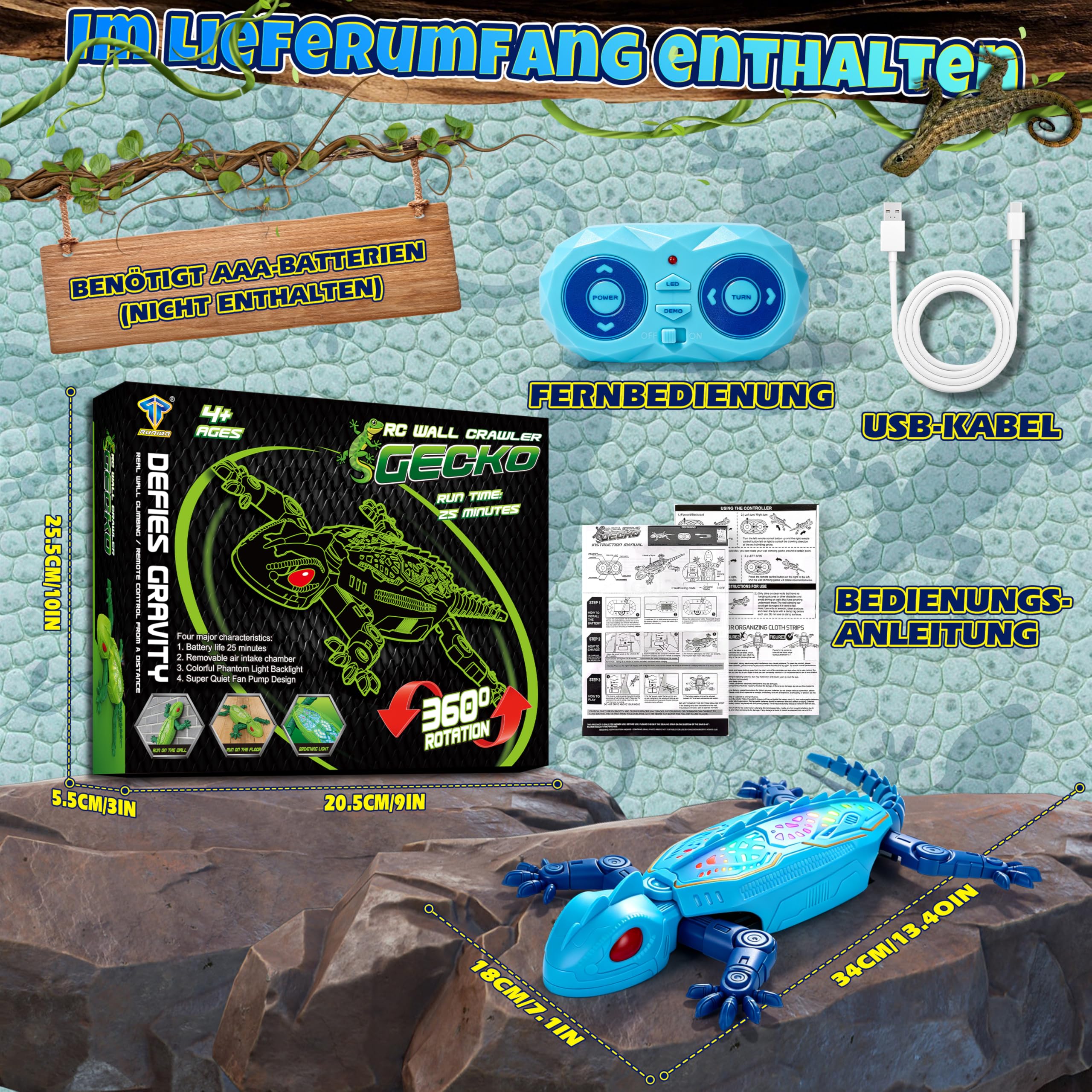 FORMIZON Gecko Wandflitzer mit 9 Beleuchtungsmodi, Ferngesteuerter Gecko an der Wand Spielzeug, Realistische Bewegungen, Interaktives Kinder Roboter Geschenk für Jungen Mädchen ab 3 Jahren (Blau)