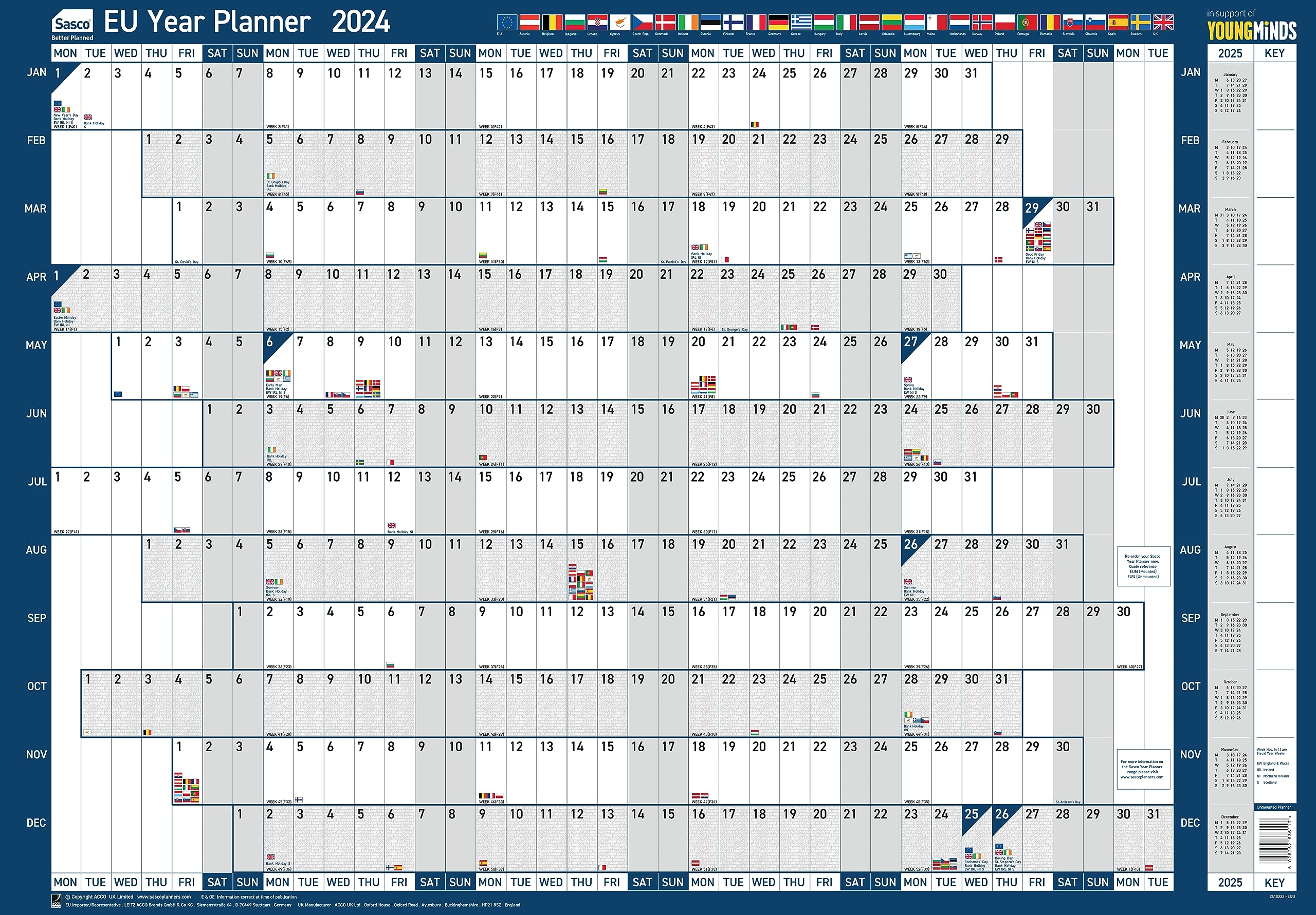 Sasco 2024 EU Yearly Wall Planner Set, Paper Whiteboard Style Dry Erase Calendar