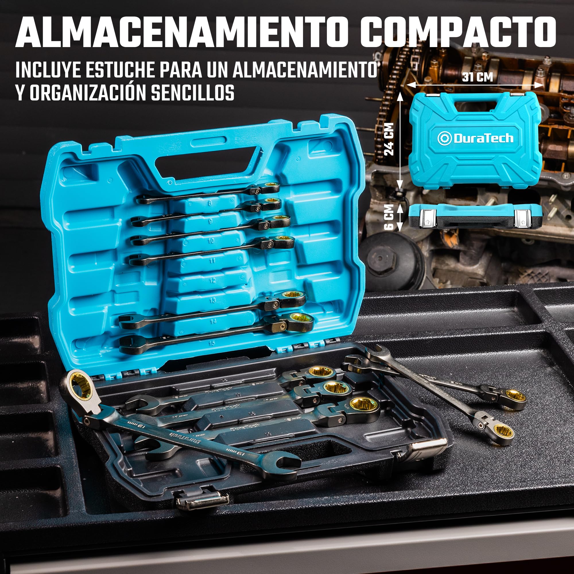 DURATECH Juego de llaves de trinquete con cabeza flexible antideslizante, juego de llaves combinadas, 12 piezas, 72 dientes, métricas, 8-19 mm, acero CR-V, organizadas en estuche de almacenamiento