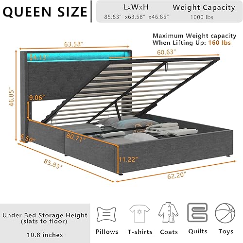 Miniatura 52 de Loomie Base de cama King con estación de carga y luces LED, cama tapizada con cabecera de almacenamiento copetuda con botones, almacenamiento Gris