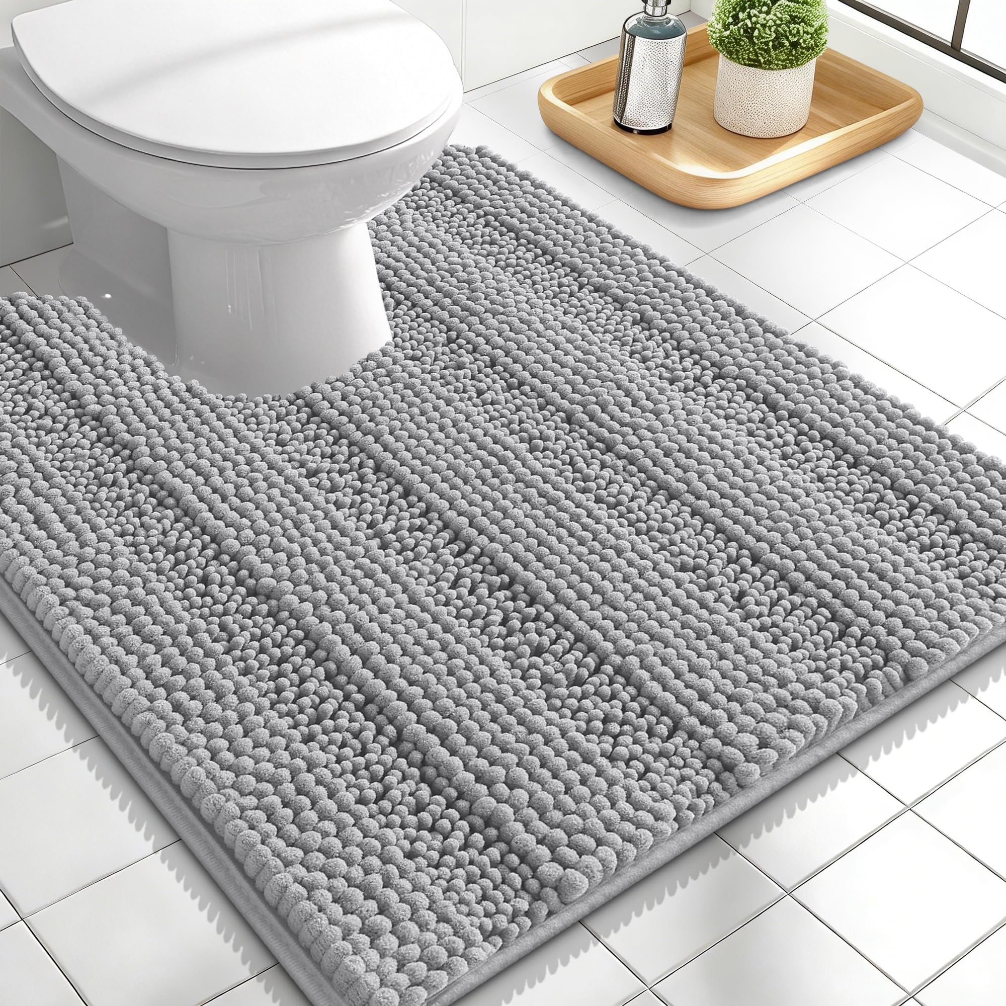 OLANLY Thick Toilet Rugs U-Shaped 24x20, Soft Chenille Bath Mat, Light Grey