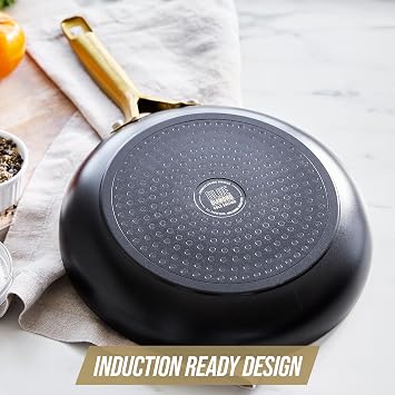 Blue Diamond 10 Nonstick Frying Pan Skillet, Diamond Infused PFAS & PTFE-Free Ceramic Pot, Dishwasher & Oven Safe, Gold Handle, Induction, Non Toxic Metal Utensil Safe, Egg & Omelet Pan, Black