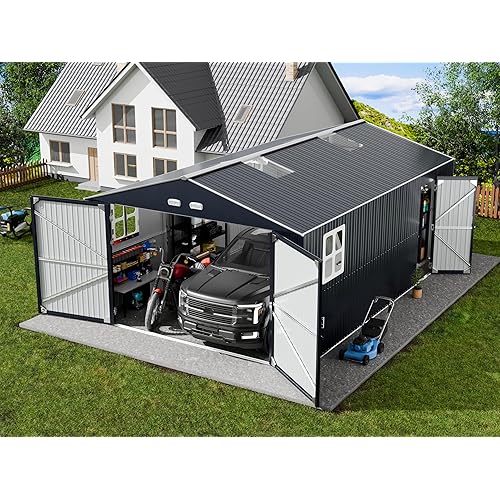 K Knowbody 13x20x8.3 FT Metal Garage Shed with Base Floor Kit, Heavu-Duty Powder-Coated 18-Gauge Steel Frame, 100 PSF Snow & 150 MPH Wind Rated, Skylight Dual-Entry Carport Workshop