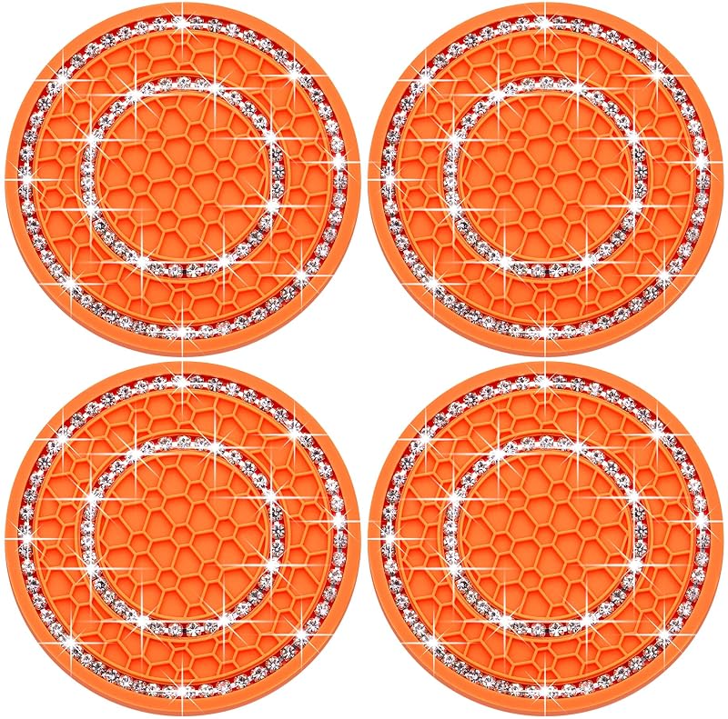 Kit de forros para porta-copos automotivo com strass e silicone redondos laranja e branco MEAJOO, 4 unidades