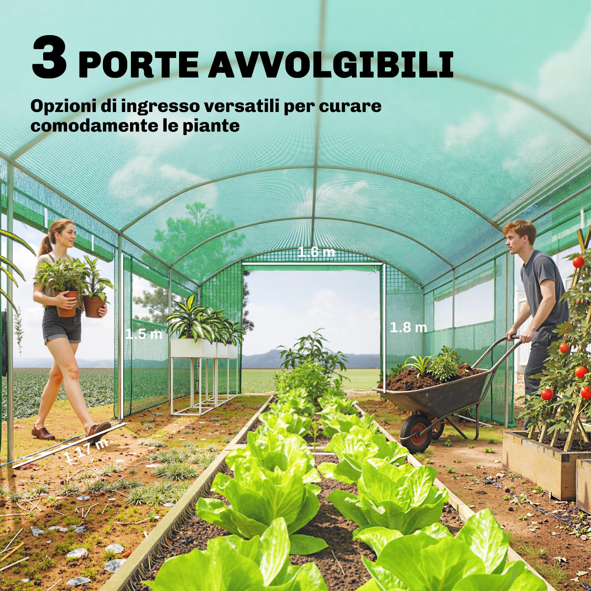 Outsunny Serra a Tunnel 6x3x2 m con 3 Porte Avvolgibili, 6 Finestrelle, Picchetti e Funi, Serra da Giardino per Orto e Piante in Acciaio Zincato e PE, Verde