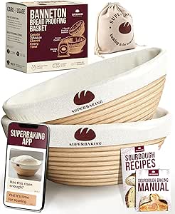 Superbaking 2 pcs Banneton Bread Proofing Basket, 9" Splinter-Free Round Rattan Bread Basket with Liners, Sourdough Starter Kit, Sourdough Bread Baking Supplies & Sourdough Kit, Bread Making Tools