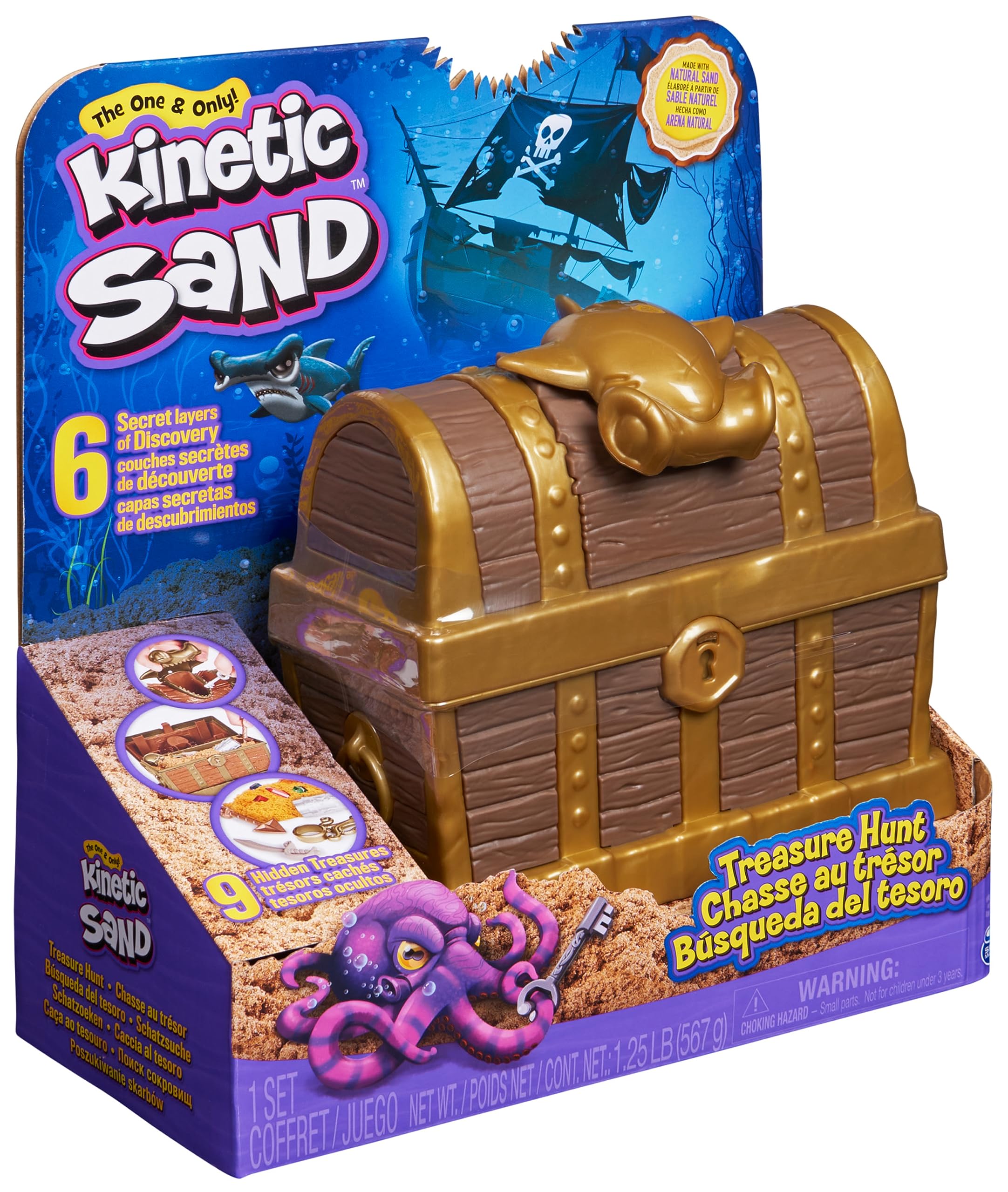 Kinetic Sand, Playset Caccia al Tesoro, con 567gr di Sabbia Marrone e Dorata Scintillante, 9 Tesori Nascosti da Trovare, Giocattoli per Bambini e Bambine, 3+ Anni