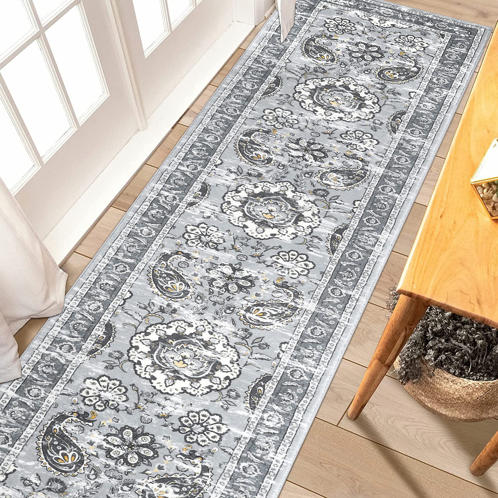 Ileading Paisley Runner Rug 2' x 8' Non-Slip Kitchen Runner Rug Washable Long Runner Rugs for Hallway Grey Laundry Room Mats Floor Carpet Runners for Entryway Hallway Bathroom Bedroom