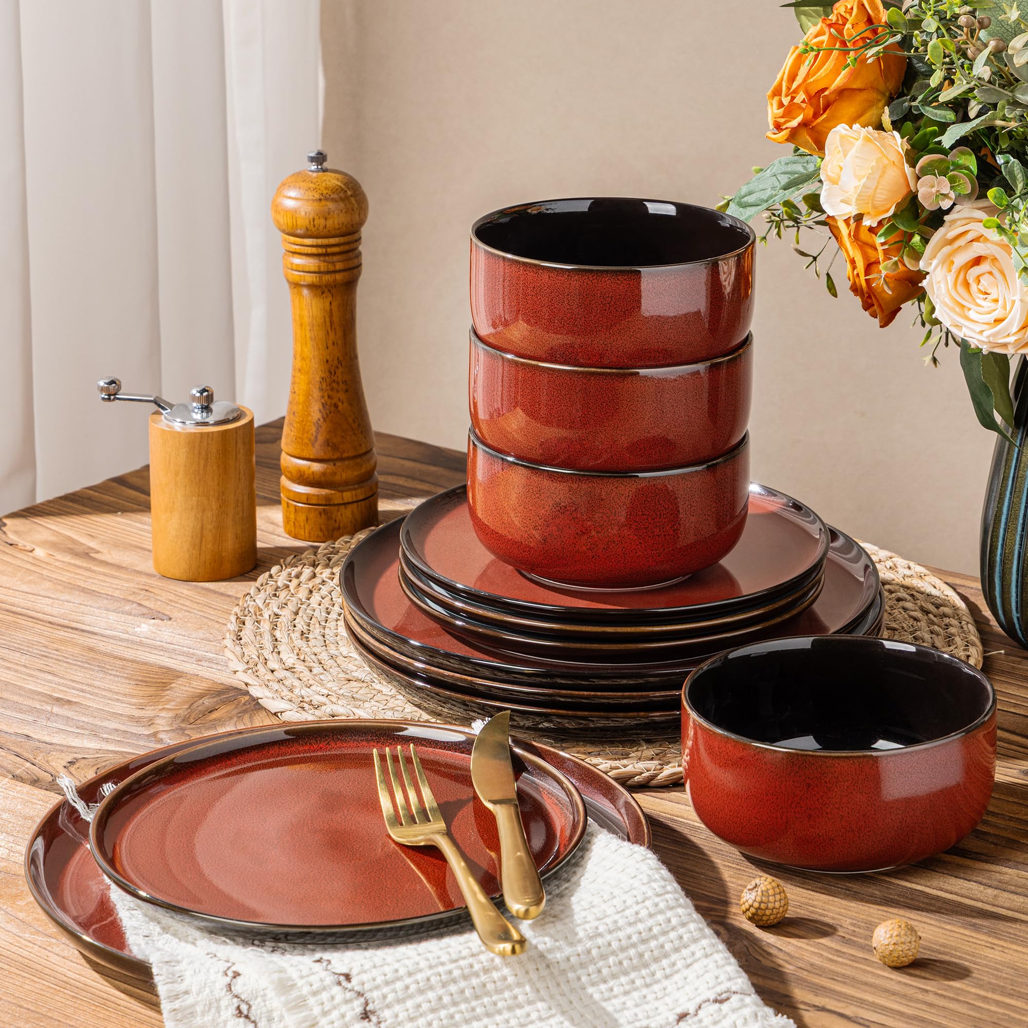 LeRatio Ceramic Dinnerware Sets for 4,12Pcs Porcelain Plates and Bowls Set