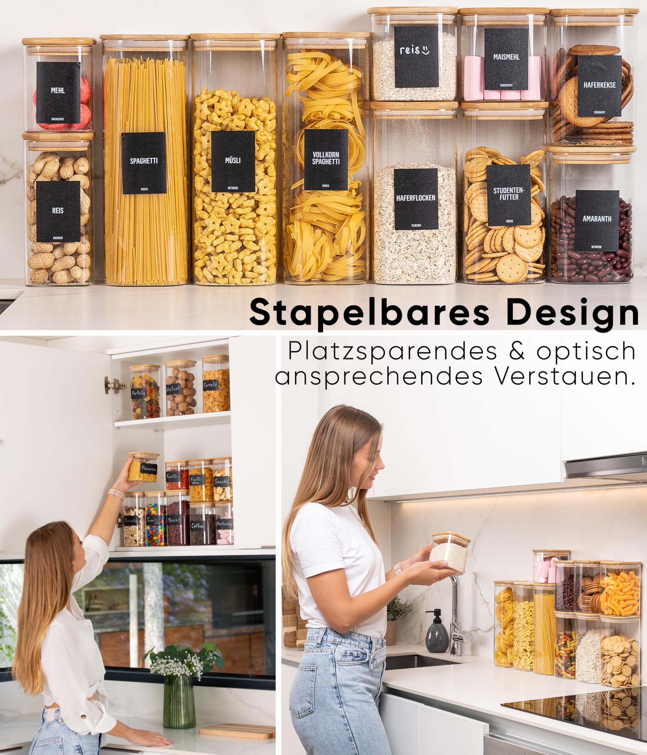 Deco haus® Vorratsgläser mit Deckel eckig 6er Set [+ETIKETTEN] - Vorratsdosen Glas mit Deckel luftdicht - Vorratsglas mit Holzdeckel - Müsli Aufbewahrungsgläser - Glasbehälter Vorratsbehälter