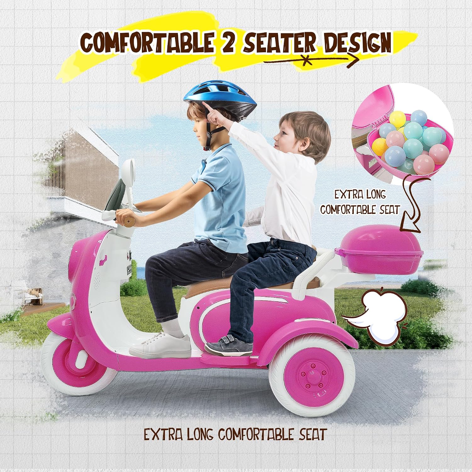 12V Kids Electric Motorcycle, Dual Motor Electric Motorcycle for Kids with Remote Control, Music, Horn, Light, Big Storage Box, 3 Wheel 2 Seater Ride on Motorcycle for Kids 3-8 (Rose)