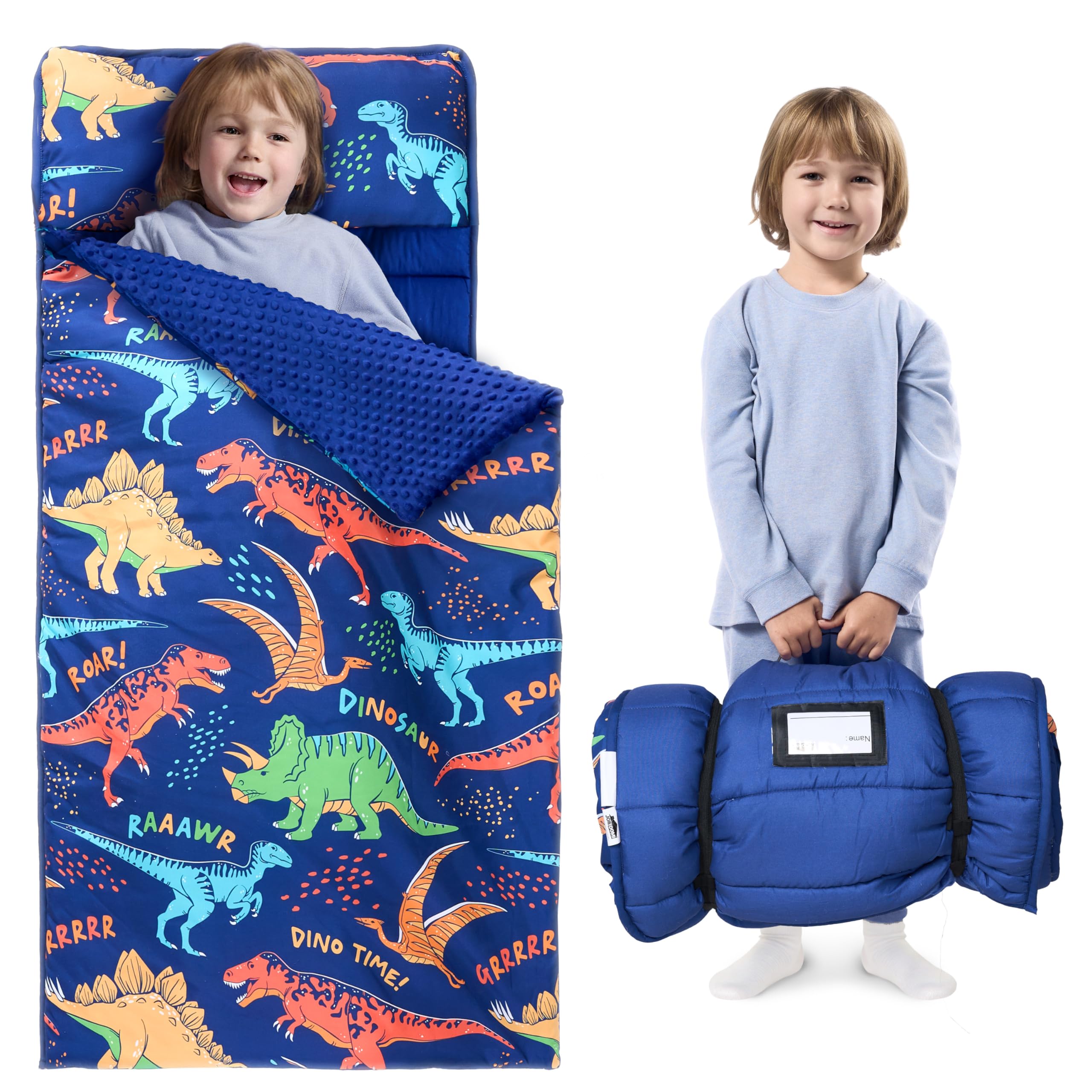 JOIEDOMI Toddler Nap Mat for Preschool 55''x30'' Sleeping Mat with Removable Pillow and Minky Blanket for Kids Ages 3-7 Roll Up Soft Kids Sleeping Bag for Boys Girls Kindergarten Daycare SleepoverOEKO-TEX STANDARD 100