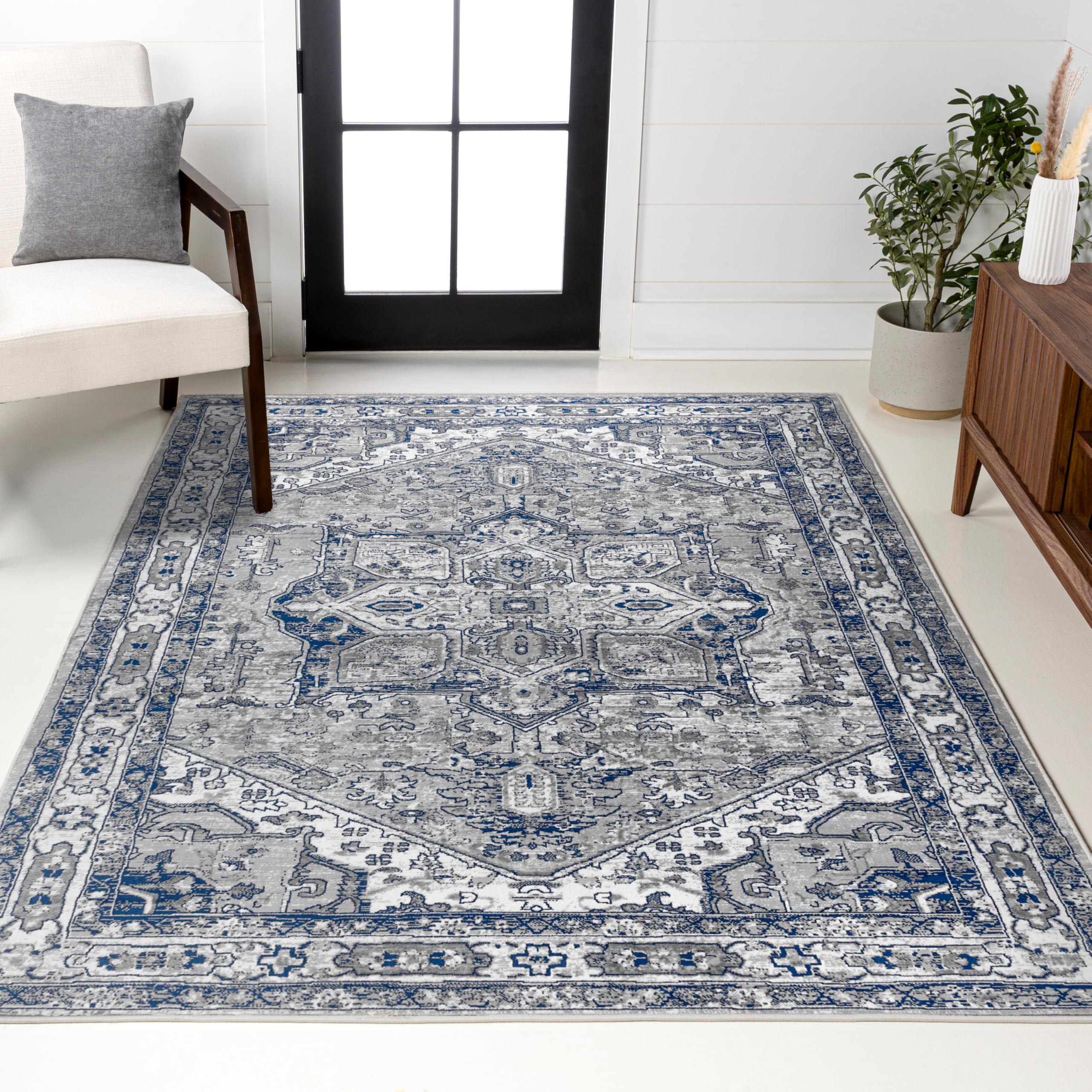 JONATHAN Y Modern Vintage Medallion Light Gray/Navy Indoor Area Rug, 5x8, Country, Floral, Easy-Cleaning for Living Room, Bedroom, Kitchen, Pet