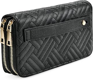 Wallet for Women with Double Zipper and Grip Hand Strap, RFID Blocking PU Leather Card Holder, Large Capacity Women's Wallet for Cash, Coins, Cards, Checkbook, and Cellphones - Black