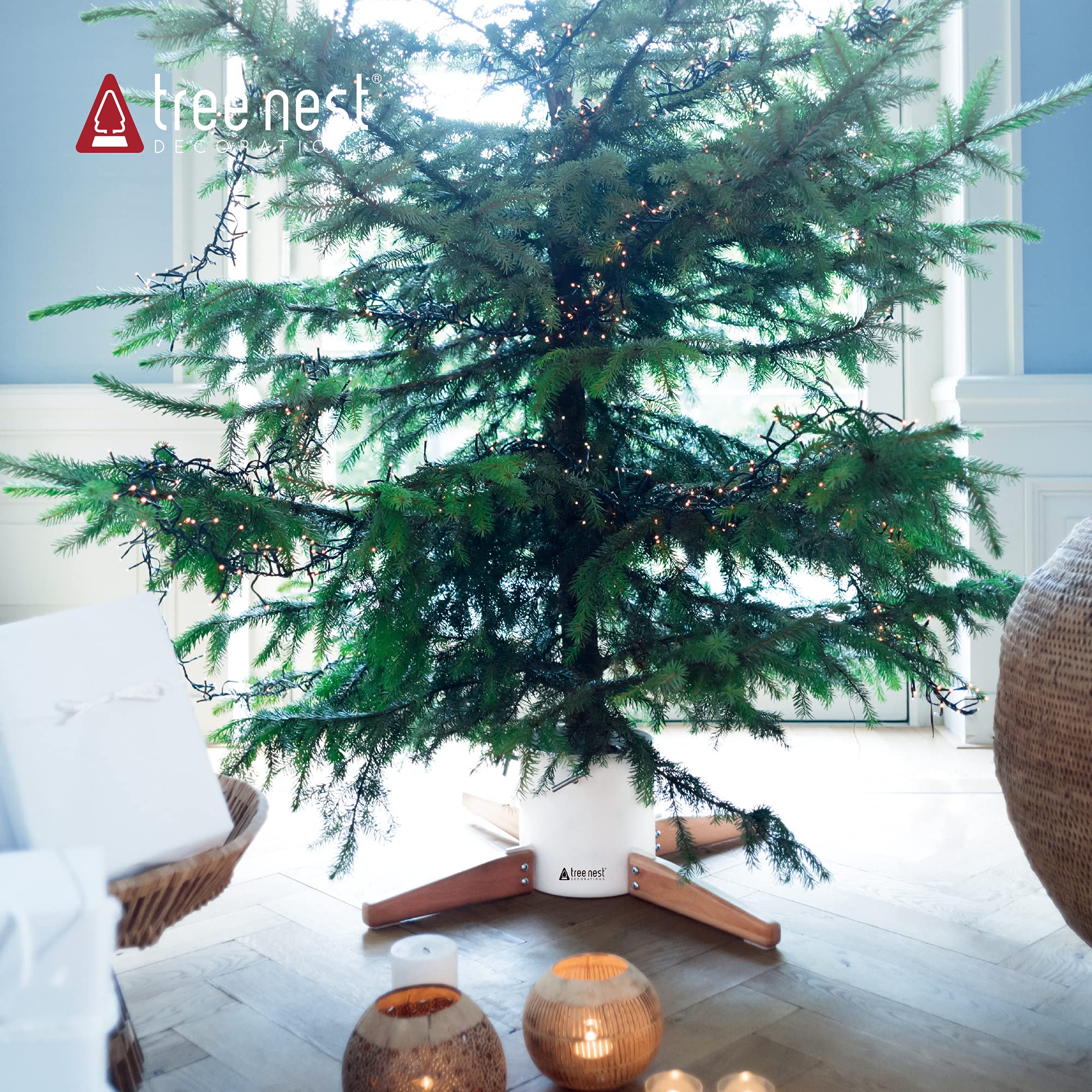 Tree Nest Pied de Sapin de Noël Support Pied de Sapin avec Réserve d'eau - Timber Christmas Tree Stand pour Sapin jusqu'à 3.5m, Tronc de 6 à 14 cm Blanc