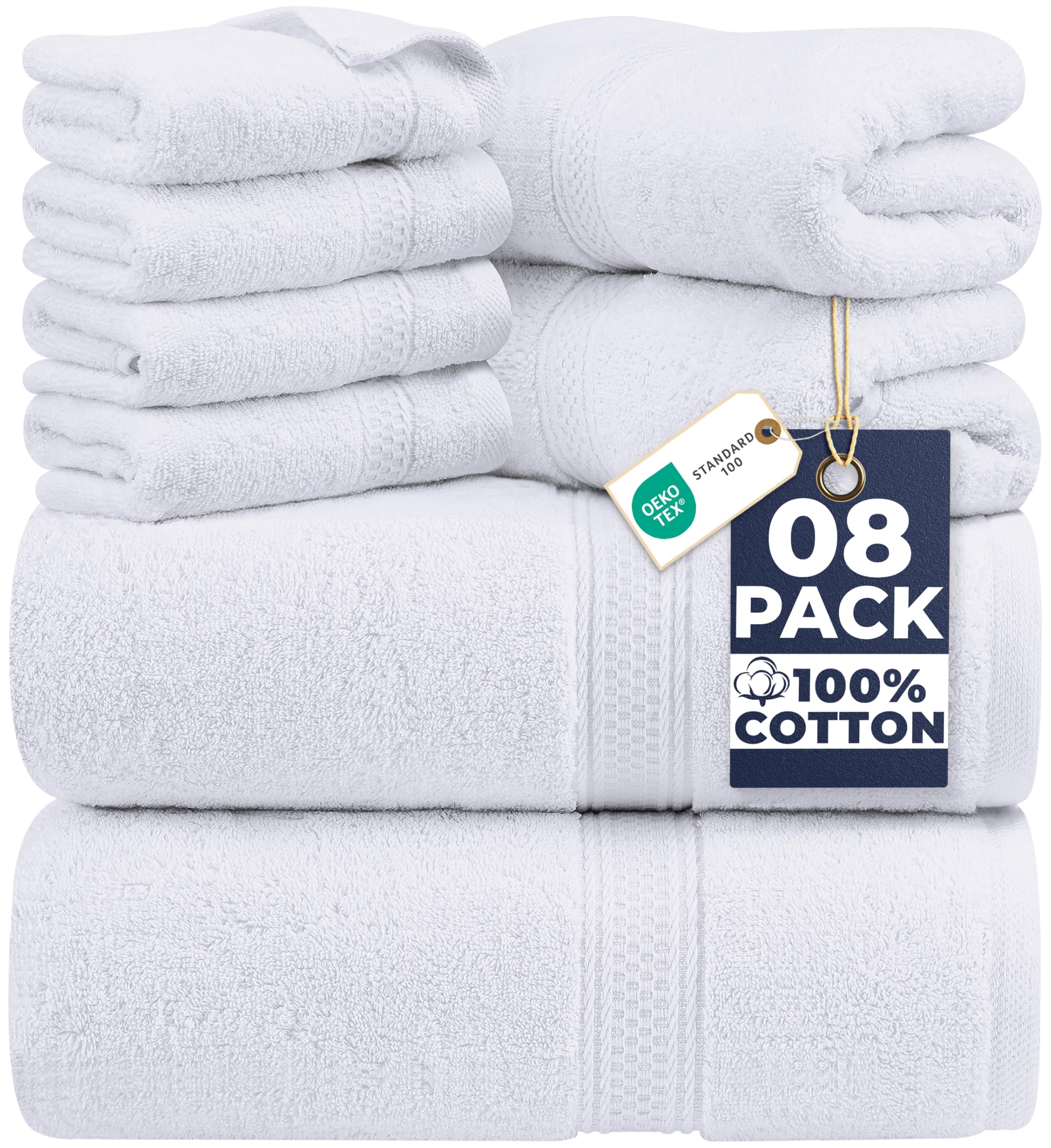 8 Piece Luxury Towel Set – Majestic Plush, Super Absorbent & Quicker-to-Dry, Thick 100% Ring Spun Cotton Towels for Bathroom, Spa & Hotel – 2 Bath, 2 Hand, 4 Washcloths, White