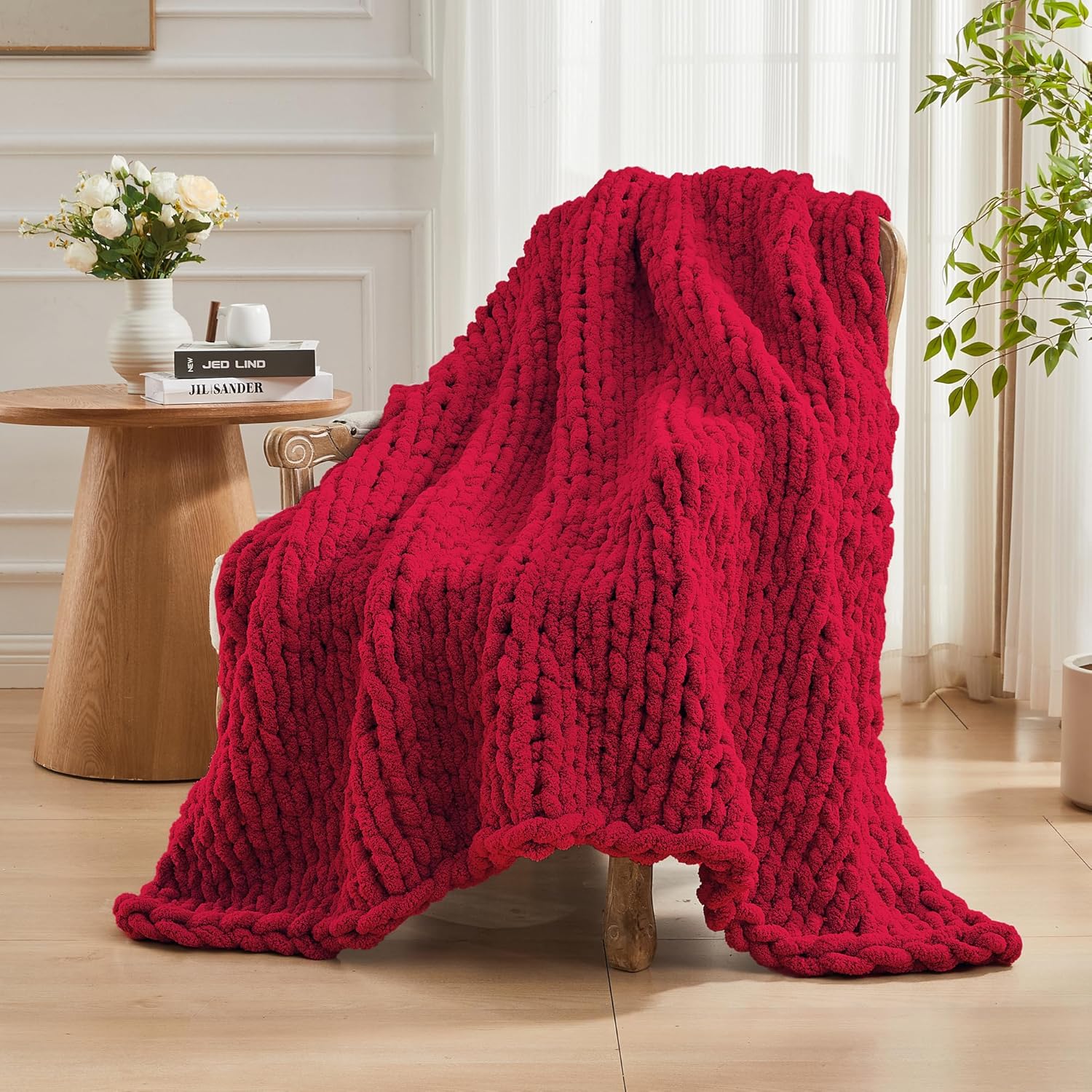 Carriediosa Chunky Knit Throw Blanket 60" X 80" Twin, 100% Hand Made Large Chenille Loop Yarn Soft Fluffy Throws for Couch Sofa Bed, Big Crochet Cozy Heavy Thick Cable Woven Blankets, Red - Image 8
