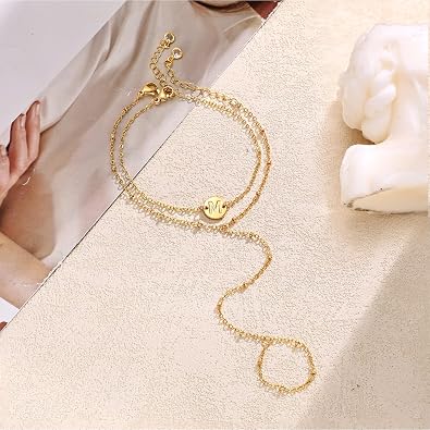 Christmas Gifts for Women Hand Chain Bracelet for Women - Dainty 14k Gold Plated Minimalist Finger Ring Bracelet Stack Letter A-Z Initial Link Charm Bracelets Non Tarnish Trendy Jewelry Gifts
