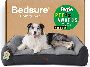 Bedsure SupportMax Orthopedic Large Dog Bed, XL Extra Thick Shredded Foam Dog Couch with Waterproof Washable Cover, Sherpa Pet Sofa with Nonskid Bottom for Large Dogs, Grey, 42"