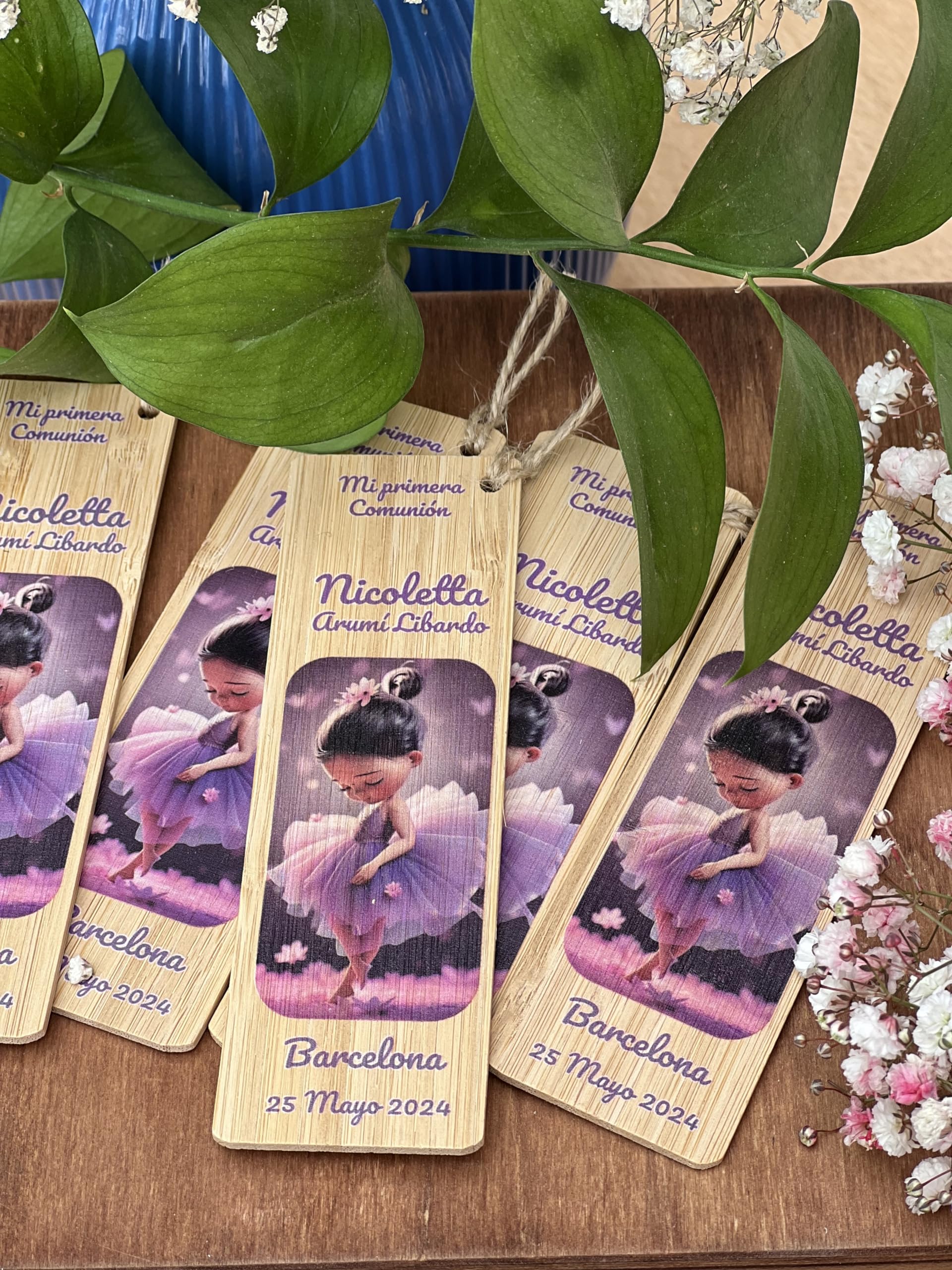 Pack de 20 Marcapáginas de Bambú Personalizados para Boda, Comunión, Bautizo