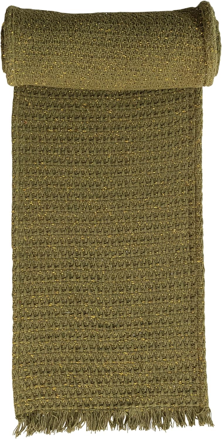 Creative Co-Op Woven Cotton Table Runner with Metallic Gold Thread and Fringe, Green