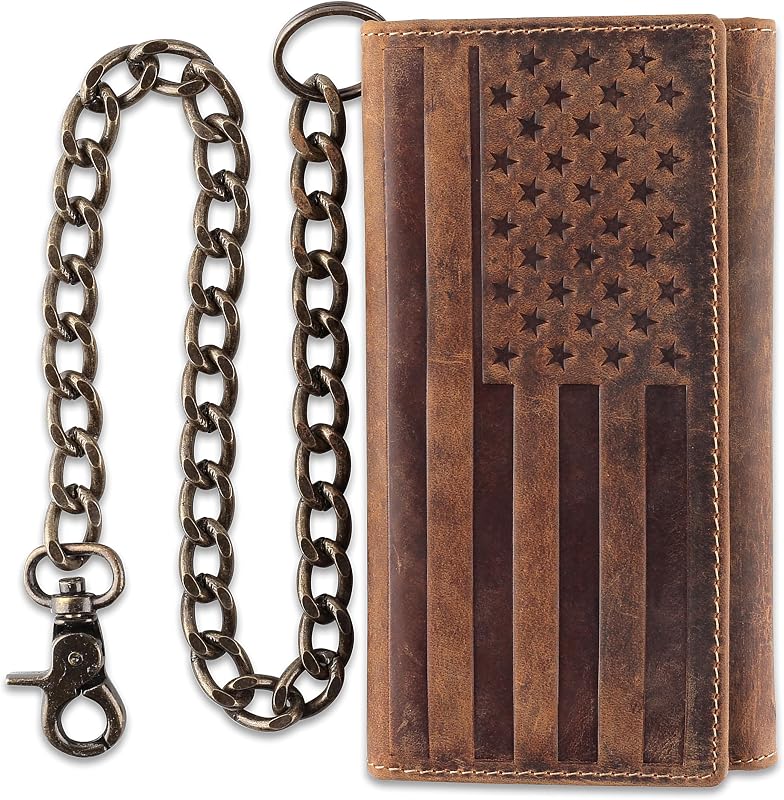 F&L CLASSIC RFID Blocking Mens Tri-fold Long Style Cowhide Leather Steel Chain Wallet,brown flag,212-100