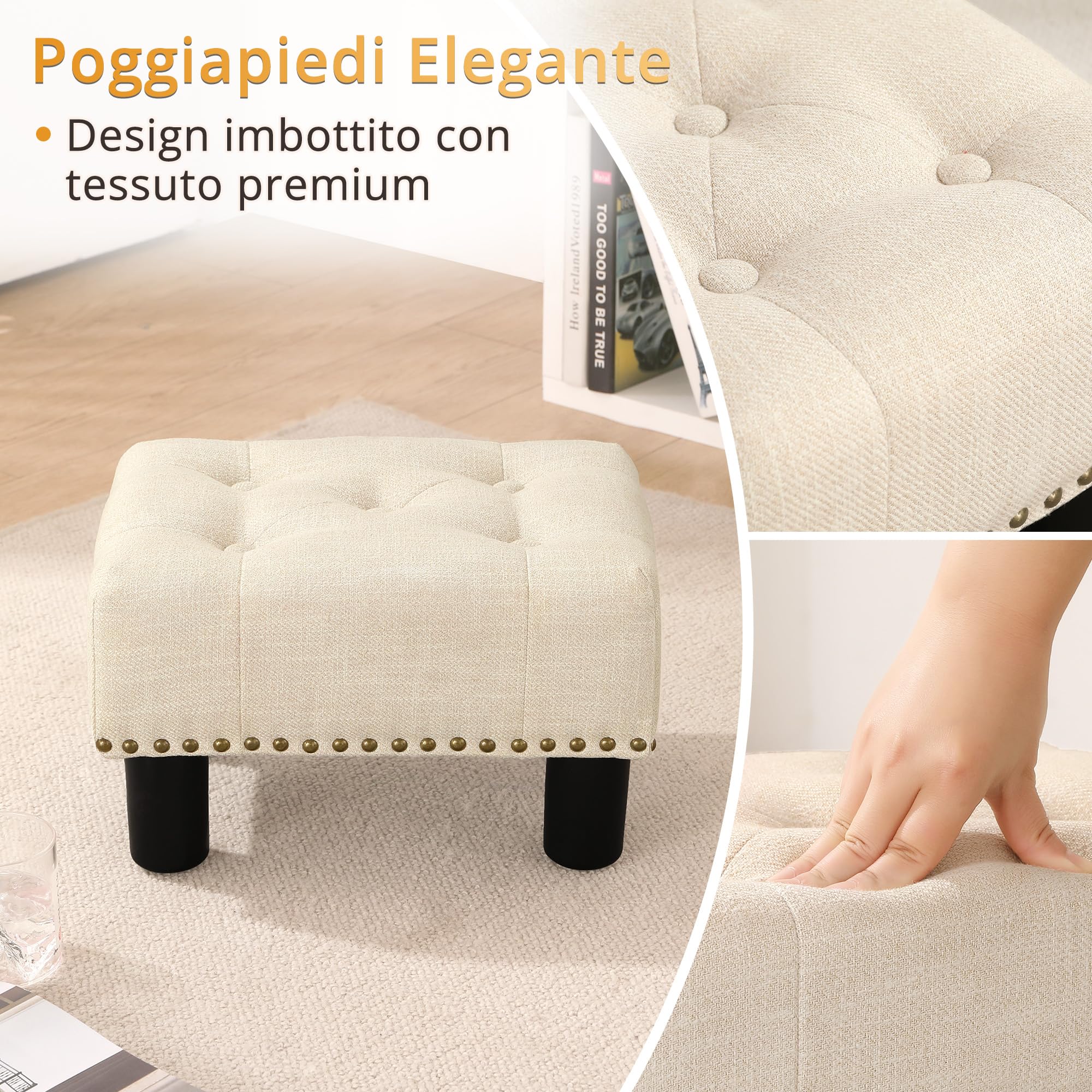 LUE BONA Pouf Poggiapiedi - Poggiapiedi Divano per Soggiorno, Camera Da Letto e Dormitorio - Sgabello Basso, Moderno, Lino, Beige