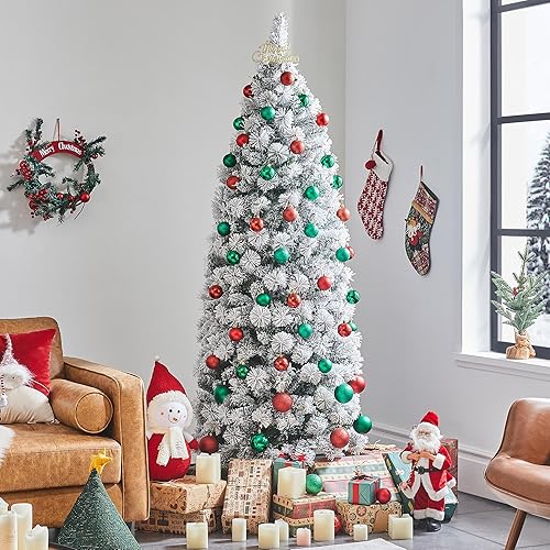 Miniatura 5 de Yaheetech Árbol de Navidad flocado de nieve preiluminado de 6 pies, pino artificial con bisagras de alta calidad con 250 luces LED coloridas y 564