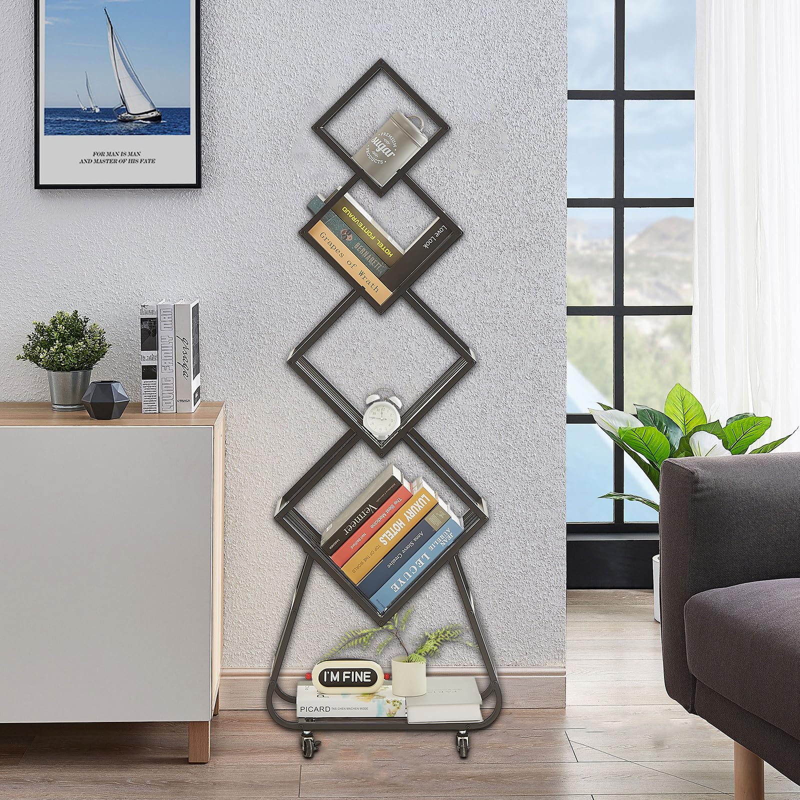 Flyerständer, Prospektständer mit 5 Ebenen, Metall Regal Platzsparend, Prospekthalter Mit Rollen, Metallregal Schwarz Für Büros und Messen, 54 x 22 x 153 cm (Black)