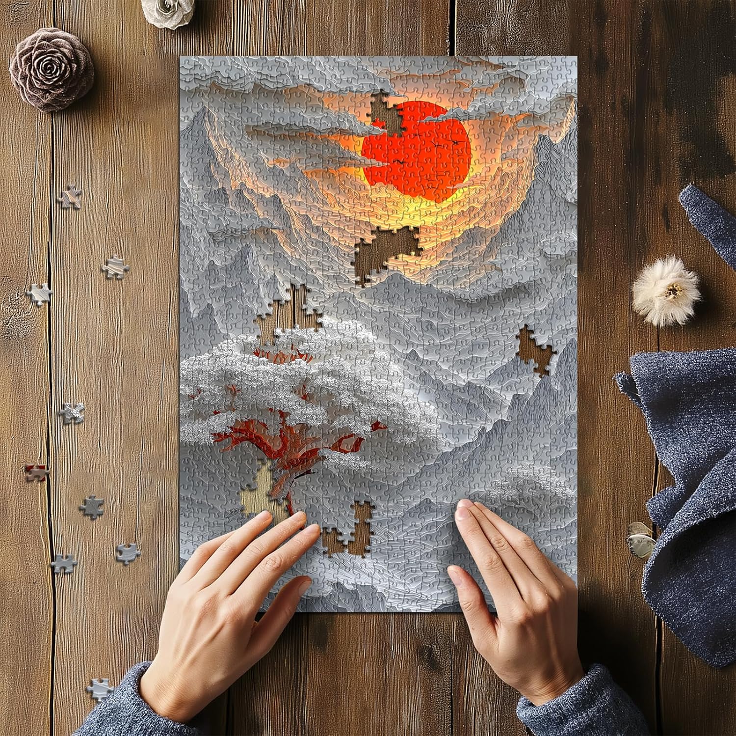 Sunset Landscape Puzzles for Adults 1000 Pieces, Red Sun Mountain Clouds Scene Puzzle, Challenging Paper Cut Art Nature Themed Jigsaw Puzzle Trees Sunrise Scenic, Impossible Difficult Hard for Adults