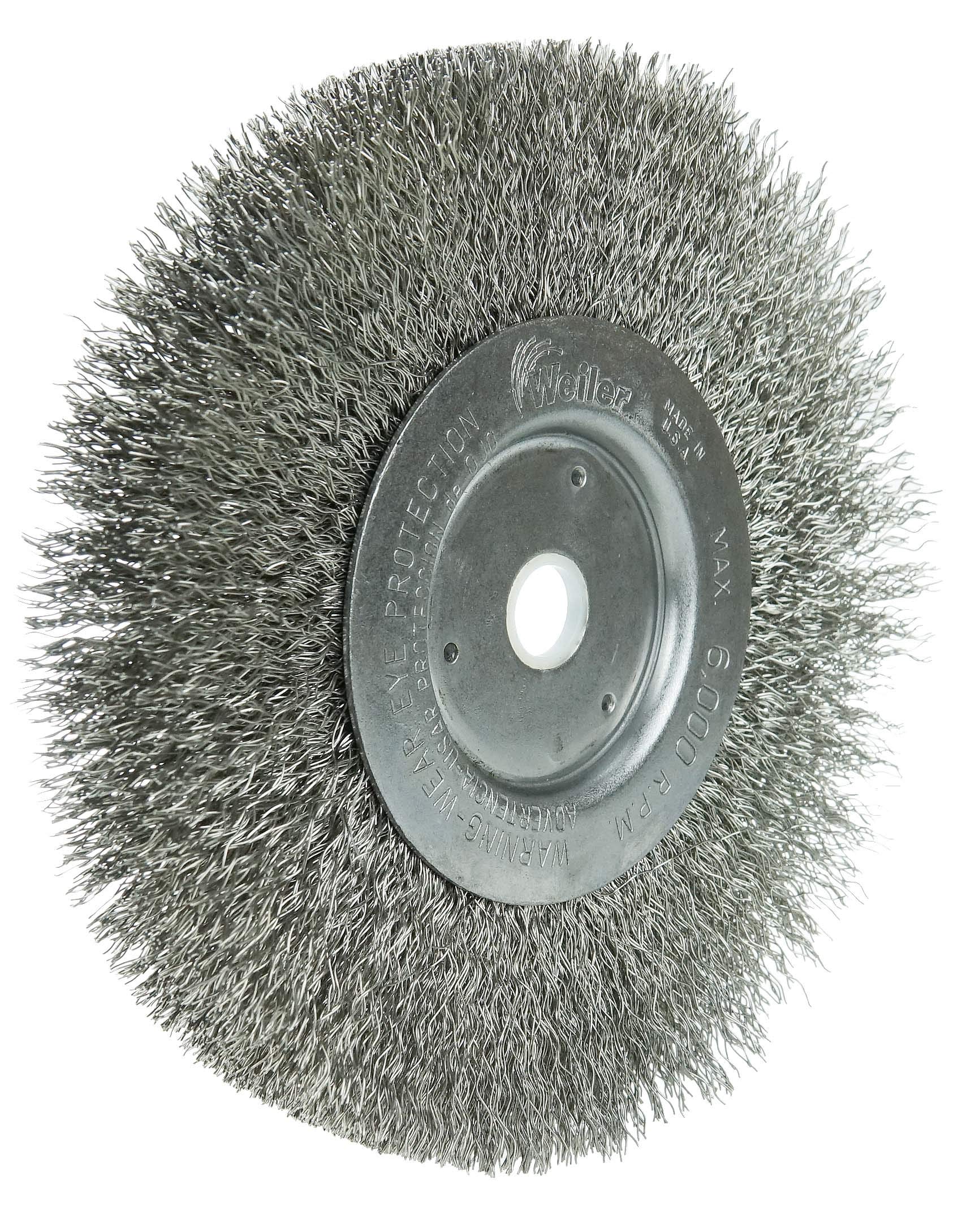 Weiler, Spazzola rotonda Trulock con fili metallici intorno e foro rotondo, in acciaio inossidabile 302, filo crimpato, diametro: 15 cm, diametro del filo: 0,02 cm, diametro asta: 1,5 cm, lunghezza setole: 3,6 cm, larghezza spazzola: 1,9 cm, 6000 giri/min